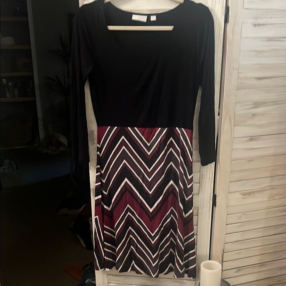 New York & Company Black and Burgundy Chevron Long Sleeve Dress